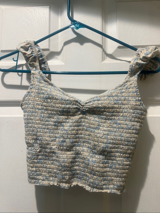 Urban Outfitters Tops - Urban Outfitters Blue and Cream Smocked Crop Top with Ruffle Straps
